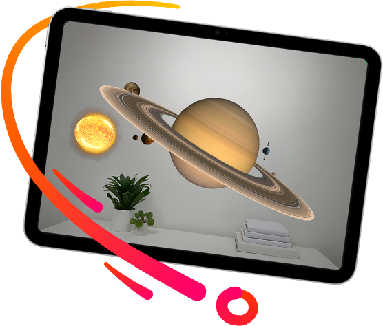 Ein iPad Display zeigt ein Sonnensystem in Augmented Reality in einem Raum